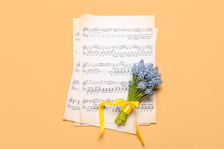 Note sheets and beautiful Muscari flowers on color backgroundの写真素材
