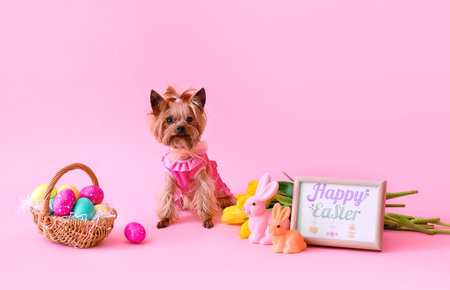 Cute small dog, Easter basket with eggs, flowers and greeting card on pink background