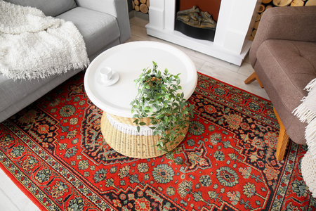 Interior of cozy living room with vintage carpet, table and fireplaceの写真素材