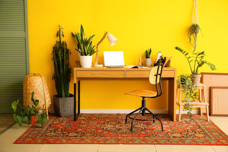 Modern workplace, stepladder and houseplants near yellow wallの写真素材