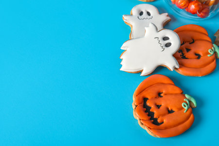 Halloween cookies on blue backgroundの写真素材