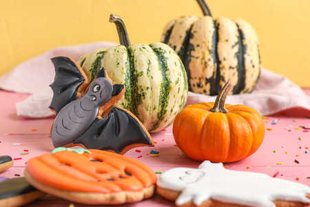 Tasty Halloween cookies with pumpkins on table near yellow wall, closeupの写真素材