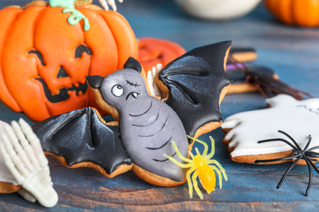 Tasty Halloween cookies with spiders on blue wooden background, closeupの写真素材