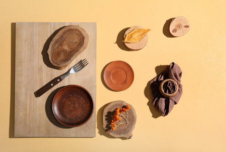 Autumn table setting with wooden boards on beige backgroundの写真素材