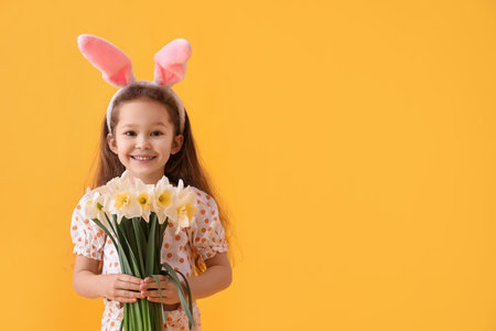 Cute little girl with bunny ears and flowers on color background