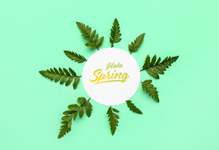 Card with text HELLO SPRING and fern leaves on color backgroundの写真素材