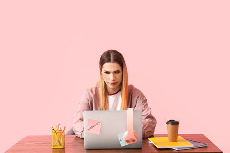 Transgender programmer with laptop at table on pink backgroundの写真素材