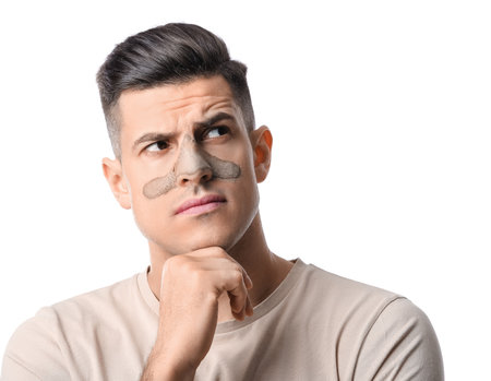 Thoughtful young man with applied clay mask on white backgroundの写真素材