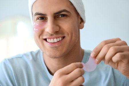 Handsome man applying under-eye patch in bathroom, closeup