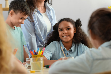 Cute children painting during master-class in artの写真素材