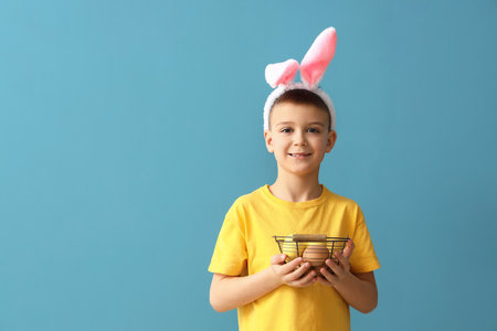 Cute little boy with bunny ears and Easter eggs on blue backgroundの写真素材