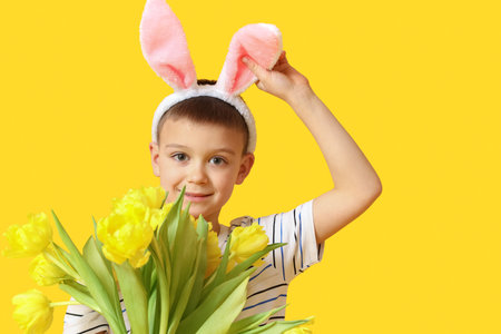 Cute little boy with bunny ears and flowers on yellow background. easter celebration
