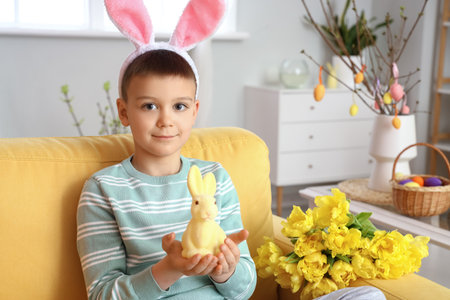 Cute little boy with bunny ears and toy rabbit at home. easter celebrationの写真素材