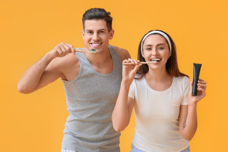 Young couple brushing teeth with activated charcoal tooth paste on yellow background