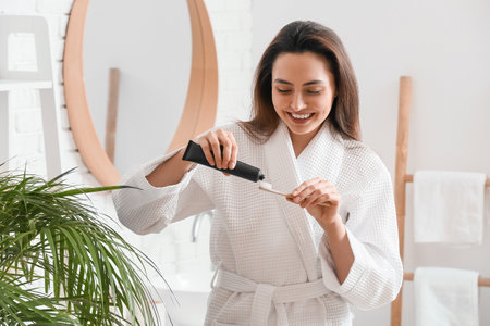 Beautiful young woman with activated charcoal tooth paste and brush in bathroomの写真素材
