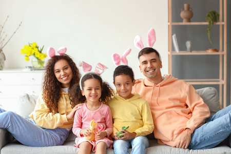 Little children with Easter rabbits and their parents sitting on sofa at home