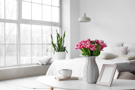 Vase with tulips, photo frame and cup on table in bedroom interiorの写真素材