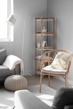 Interior of light living room with armchair, standard lamp and shelving unit
