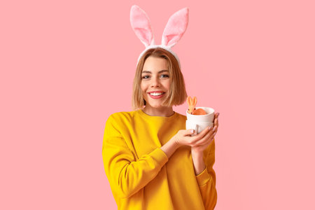 Beautiful young woman with bunny ears and toy rabbit on pink background. easter celebration