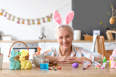 Mature woman with bunny ears, Easter eggs and paints at home