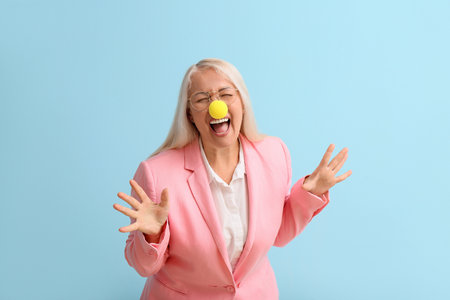 Funny laughing mature woman with clown nose on blue background. april fools day celebrationの写真素材