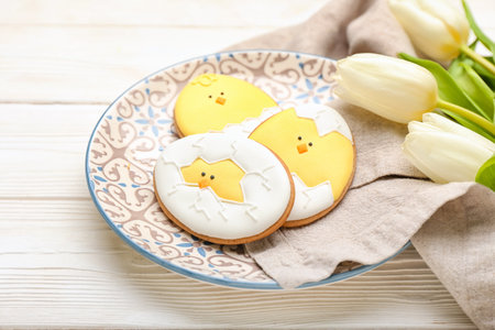 Plate with tasty Easter cookies and flowers on light wooden background, closeup