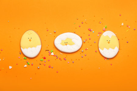 Tasty Easter cookies and sprinkles on orange backgroundの写真素材