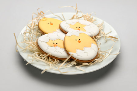 Plate with tasty Easter cookies on gray background, closeup