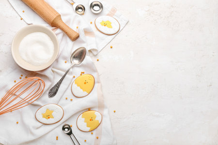 Tasty Easter cookies and kitchen utensils on light background