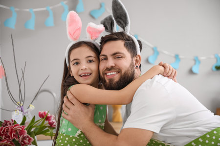 Happy little girl and her father in bunny ears at home on Easter dayの写真素材