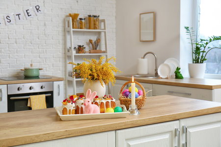 Tray with Easter cakes, eggs and burning candle on kitchen counterの写真素材