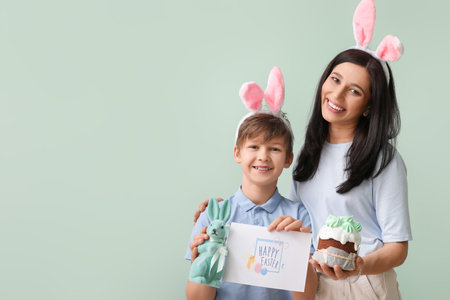 Little boy, his mother with greeting card, Easter cake and rabbit on green background