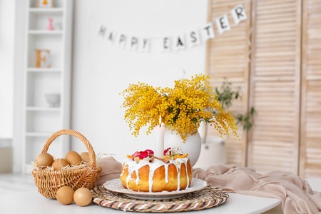 Easter cake, basket with eggs and mimosa flowers on table