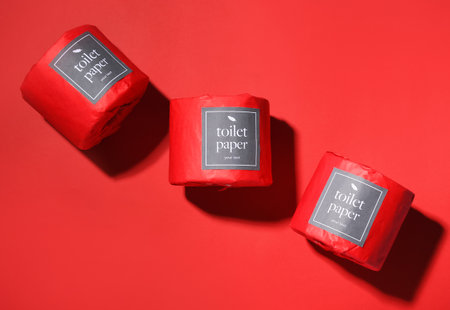 Toilet paper rolls on red backgroundの写真素材