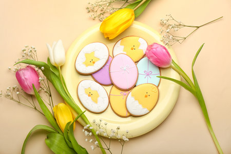 Plate with creative Easter cookies and flowers on beige background