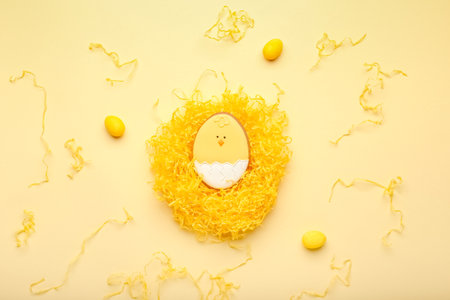 Composition with creative Easter cookies in nest on yellow background