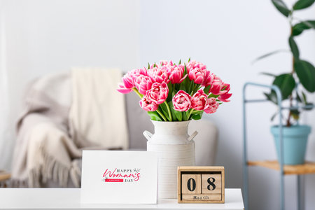 Beautiful bouquet of fresh flowers with greeting card and calendar on table in room. International...