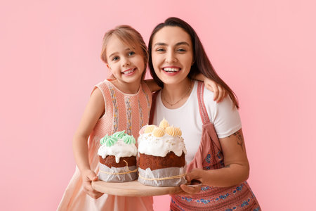 Little girl and her mother with tasty Easter cakes on pink backgroundの写真素材