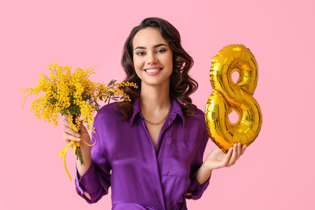 Young woman with mimosa flowers and balloon in shape of figure 8 on pink background. International...
