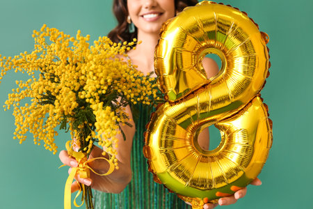 Young woman with mimosa flowers and balloon in shape of figure 8 on green background, closeup. International Women's Dayの写真素材