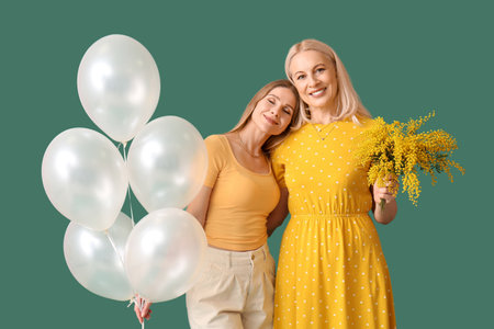 Young woman, her mother with flowers and balloons on green backgroundの写真素材