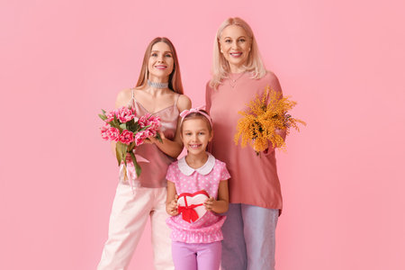 Young woman with her little daughter, mother and gifts on pink background