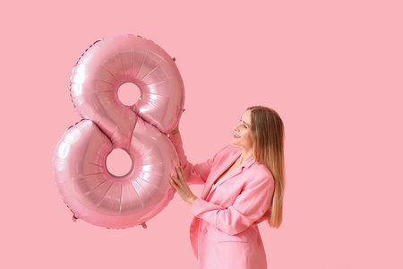 Beautiful woman with big balloon in shape of figure 8 on pink background. International Women's Dayの写真素材