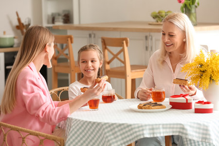 Young woman with her little daughter and mother eating eclairs and drinking tea in the kitchenの写真素材