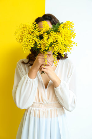 Beautiful young woman with mimosa flowers on yellow and white backgroundの写真素材