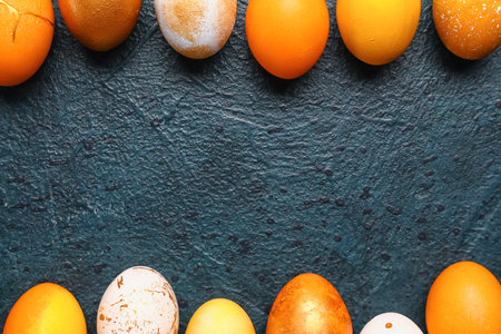Painted Easter eggs on dark backgroundの写真素材