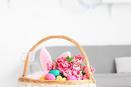 Basket with Easter eggs, bunny ears and tulips in light room
