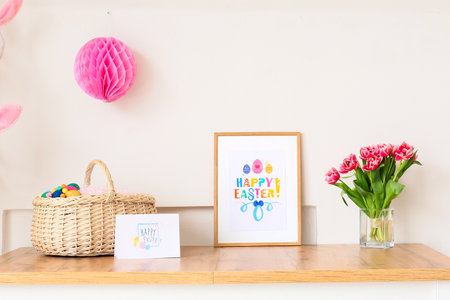 Basket, vase with tulips and greeting cards with text HAPPY EASTER on table near light wall