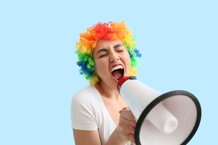 Funny young woman in colorful wig and with megaphone on blue background. April fools' day celebrationの写真素材