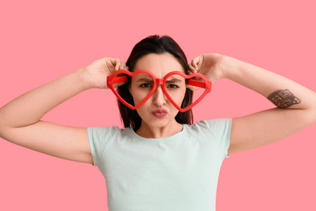 Young woman in funny disguise on pink background. April fools' day celebration